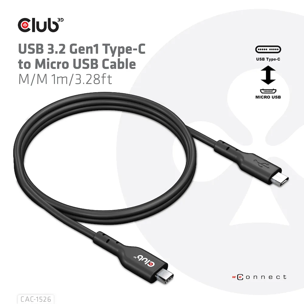 Club 3D 3.2 Gen1 USB-C - Micro-USB -kaapeli, Musta, 1m