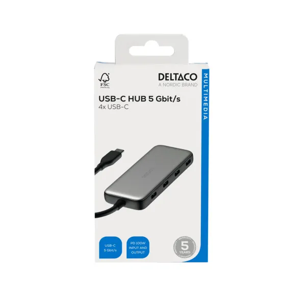 Deltaco 5 Gbps, 4x USB-C, PD 100W  - USB-C hub