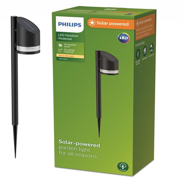Philips Fyve Solar-Powered LED Garden Post Light, 200 lm, 2700 K, Black