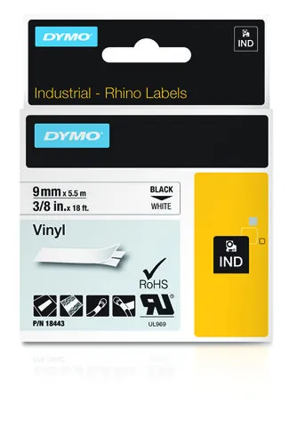 DYMO RhinoPRO m&auml;rktejp perm vinyl 9mm, svart p&aring; vitt, 5.5m rulle