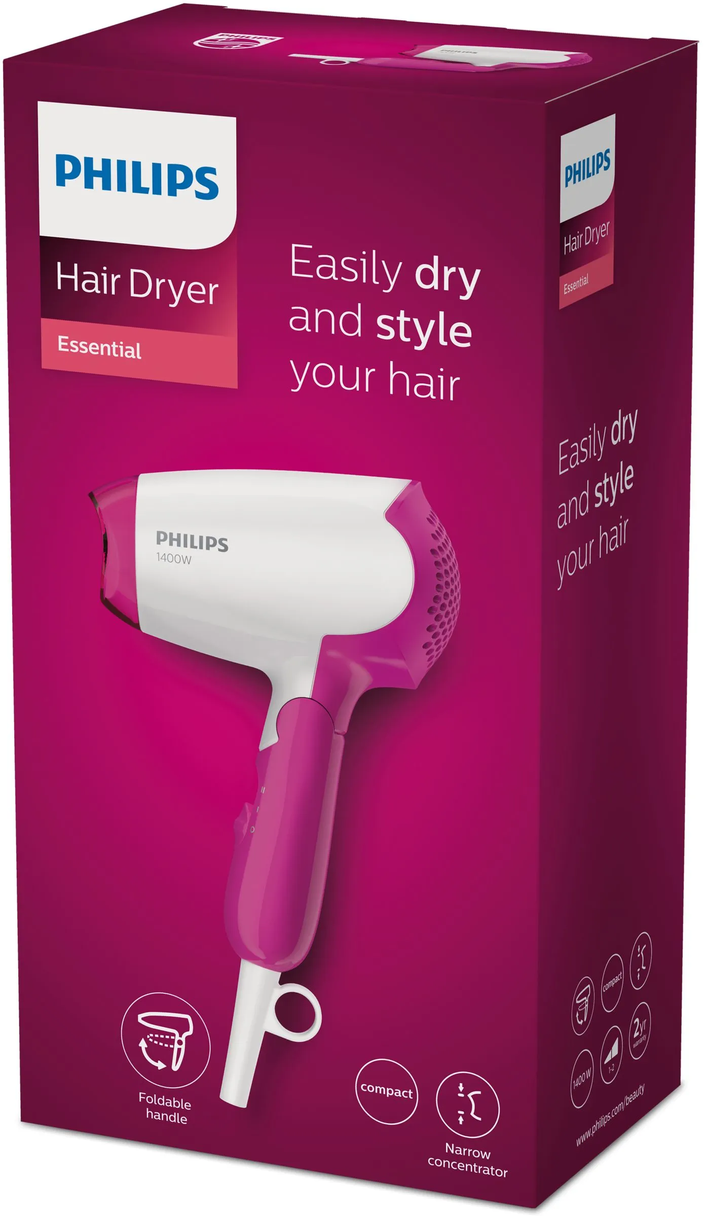 Philips DryCare Essential BHD003/00, 1400W - travel hair dryer, White, Pink