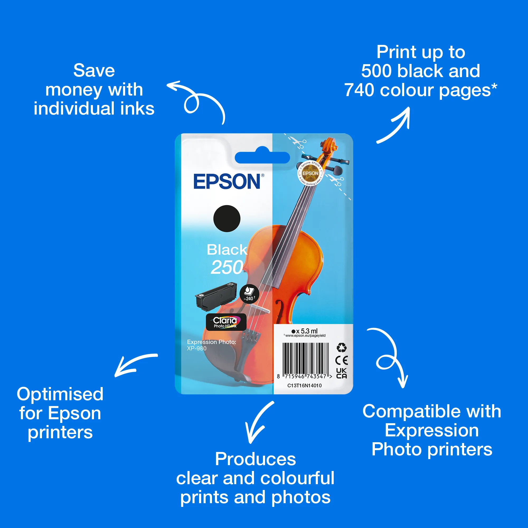 Epson 250 -mustekasetti, 5.3 ml, musta
