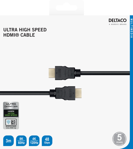 Deltaco  HDMI &ndash; HDMI 2.1 -kaapeli, 3 m, Musta