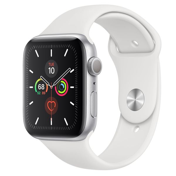 Apple Watch Series 5 GPS, 44 mm hopeanv&auml;rinen alumiinikuori ja valkoinen urheiluranneke