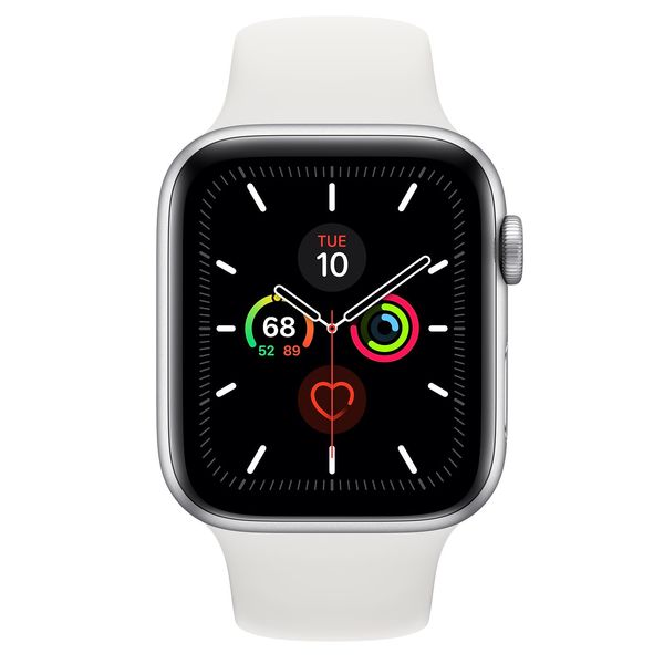 Apple Watch Series 5 GPS, 44 mm hopeanv&auml;rinen alumiinikuori ja valkoinen urheiluranneke