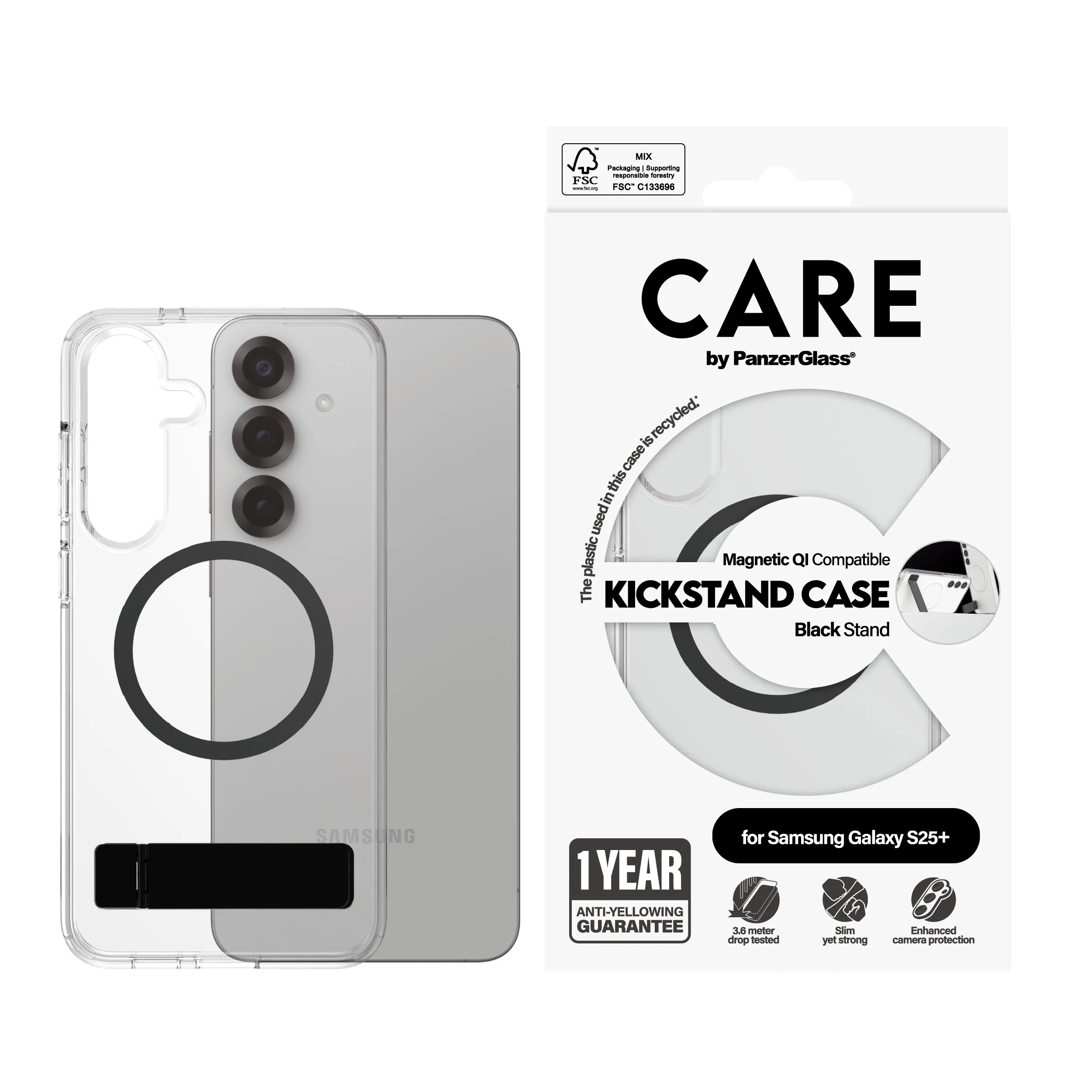 Care by PanzerGlass Galaxy S25+ Kickstand skal, Transparent med svart, Qi-kompatibel