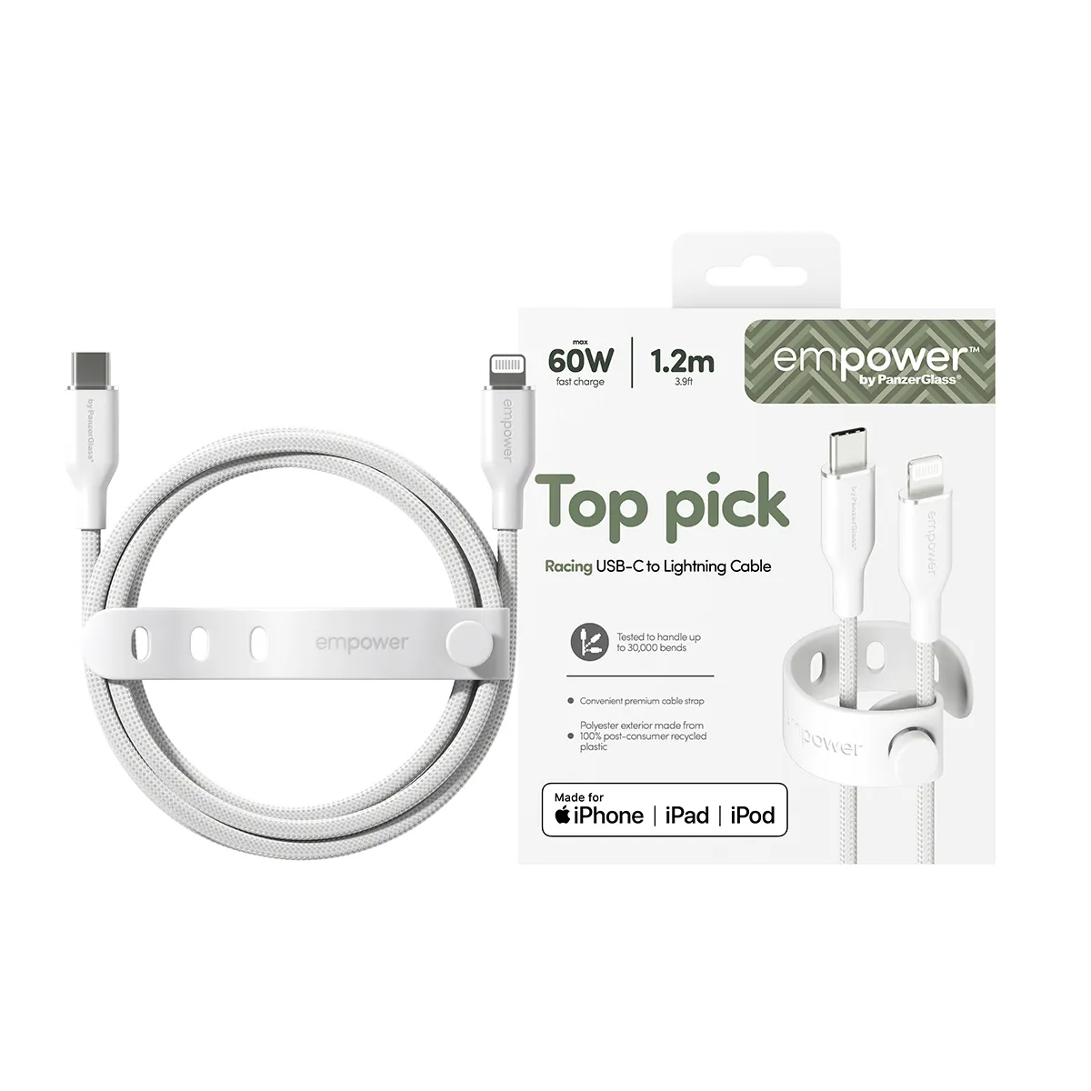 PANZERGLASS Empower USB-C to Lightning cable, 1.2 m, White