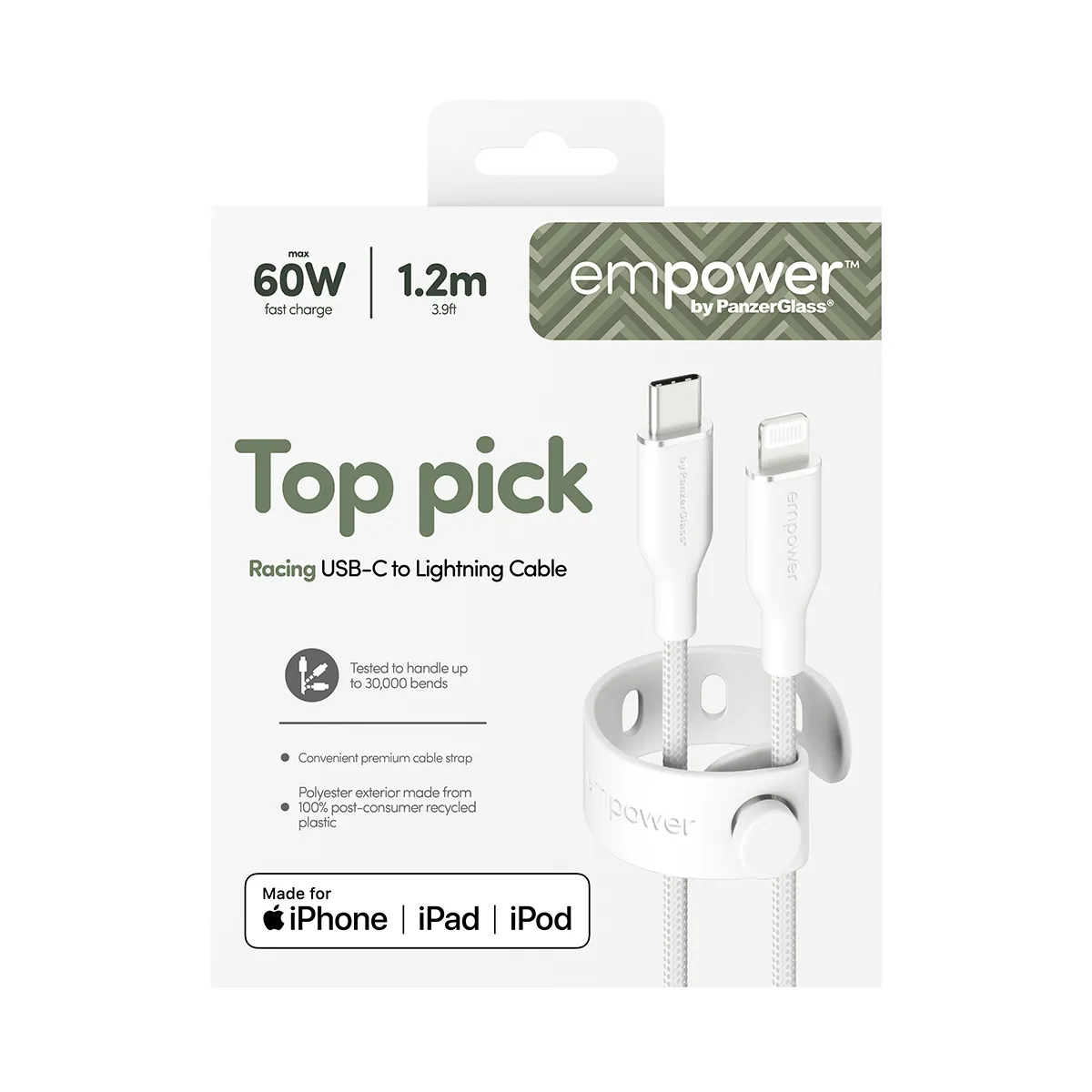 PANZERGLASS Empower USB-C to Lightning cable, 1.2 m, White