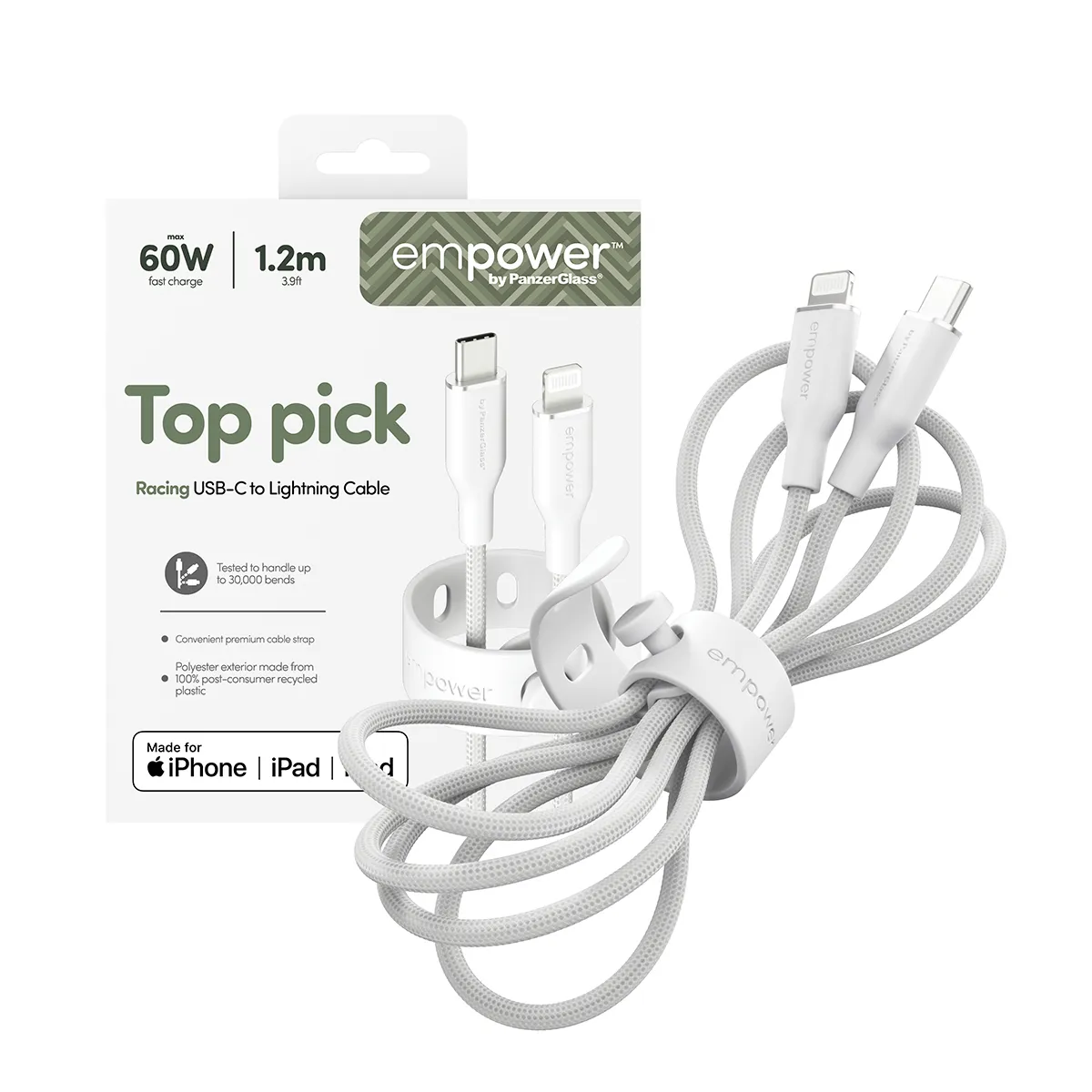PANZERGLASS Empower USB-C to Lightning cable, 1.2 m, White