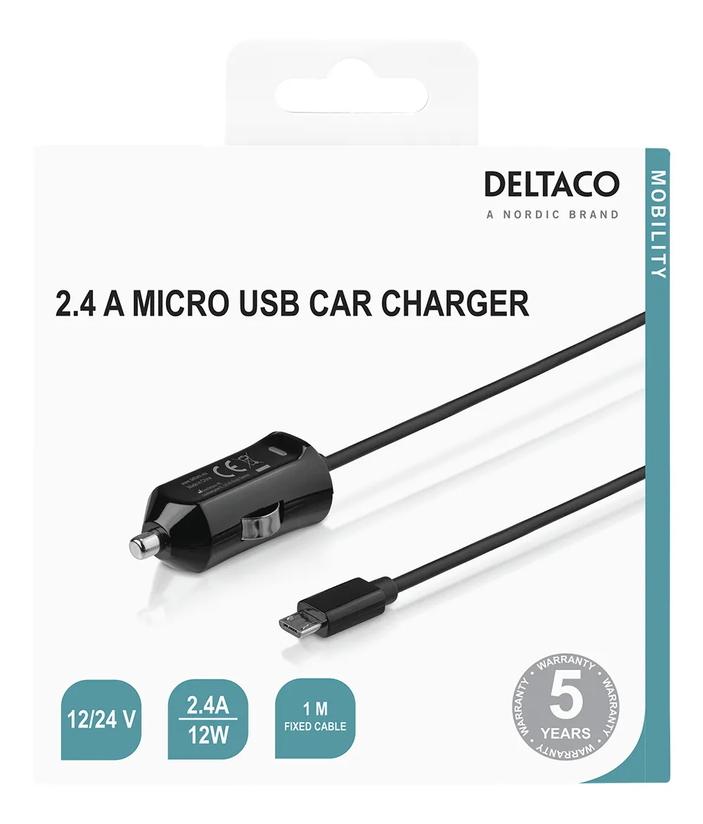 DELTACO Micro USB car charger, 2,4 A, 1 m fixed cable, 12 W total