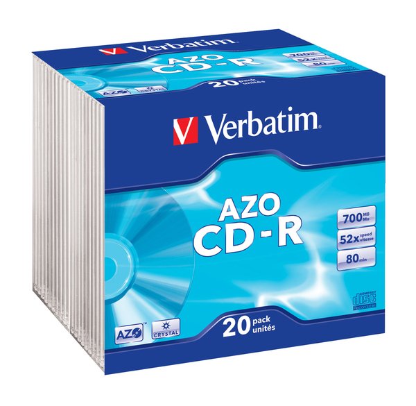 VERBATIM CD-R LEVY 20kpl 700 MB AZO, CD-R, 52X, Crystal 20 pk Slim Jewelcase - - ME10