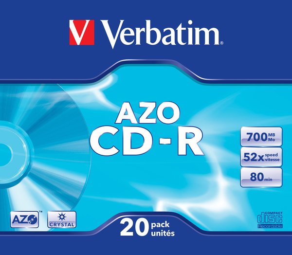 VERBATIM CD-R LEVY 20kpl 700 MB AZO, CD-R, 52X, Crystal 20 pk Slim Jewelcase - - ME10