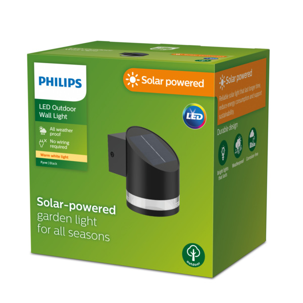 Philips Fyve Solar Wall Light, Integrated LED, 200 lm, 2700 K, IP44, Black