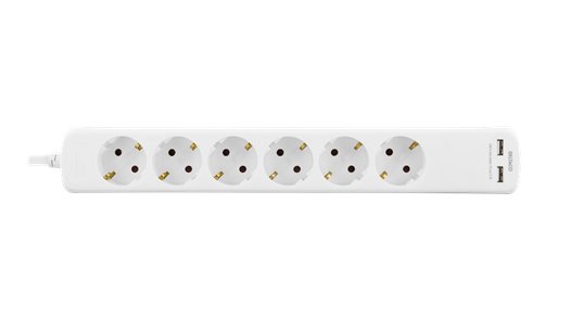 Deltaco GT-166D 2xUSB, 6 outlets Power Strip, 3m, White