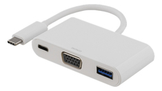 DELTACO sovitin USB-C - VGA ja USB Type A, USB-C naaras, 60W, valkoine